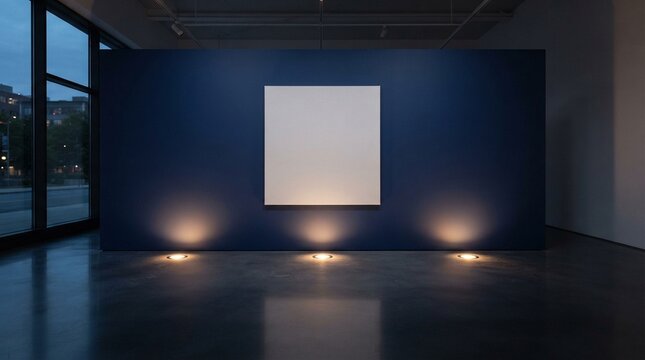 Blank Square Canvas Mockup on Dark Blue Gallery Wall with Spotlights