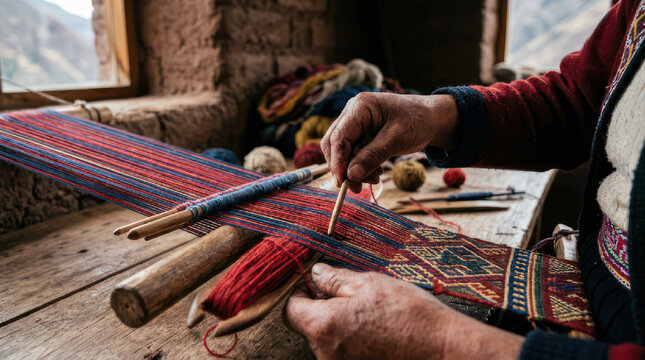 Close up of hands weaving colorful fabric on a loom.