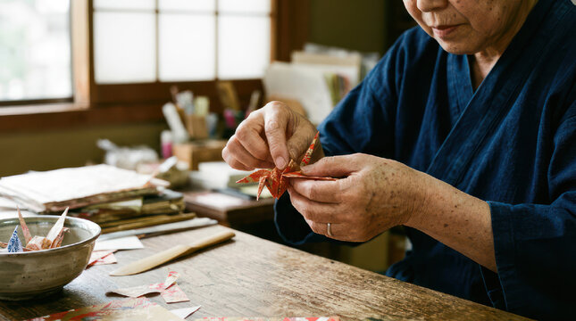 Elderly Japanese woman crafting intricate paper origami in a traditional workshop.