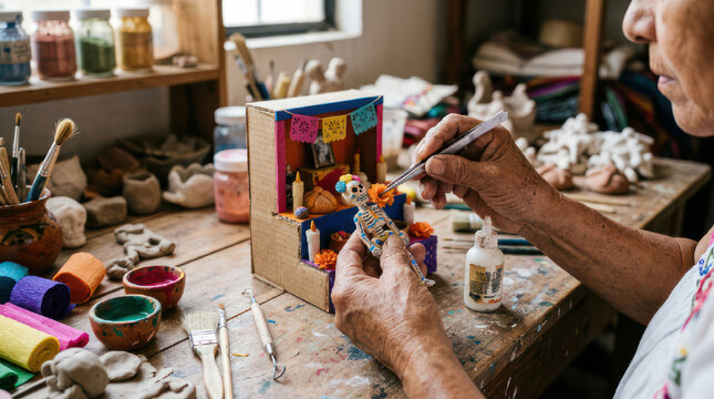 Elderly woman crafting miniature scene with clay and colorful materials.