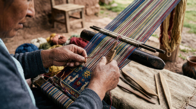 Elderly woman weaving traditional textiles on a wooden loom.