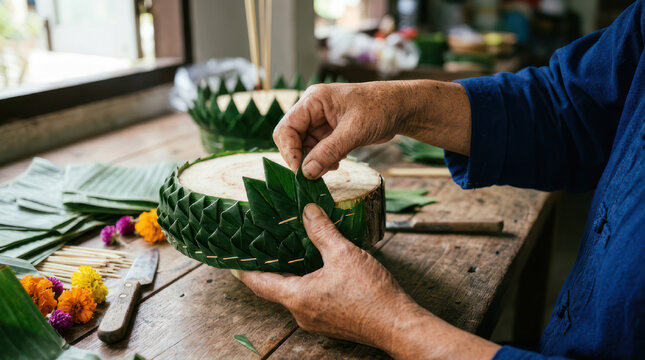 Hands crafting a decorative banana leaf container for food offerings.