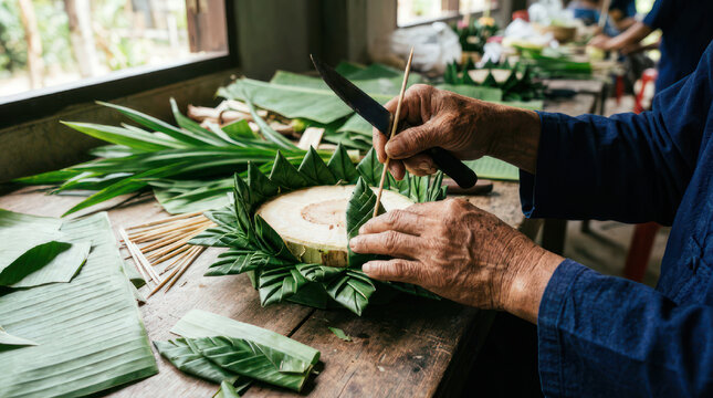 Hands crafting a traditional floral arrangement with green leaves and a knife.