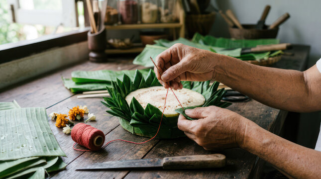 Hands crafting a traditional Thai floating lantern from banana leaves and flowers.
