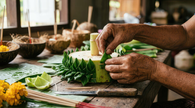 Hands decorating a cake with green leaves and flowers.