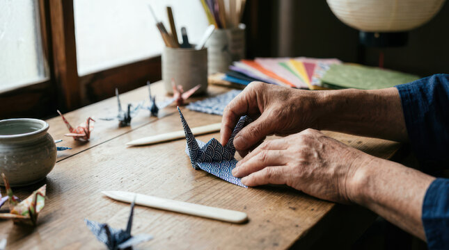 Hands folding paper crane origami craft hobby.