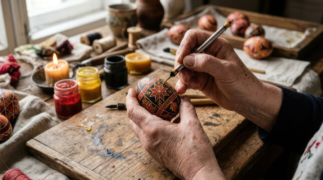 Hands painting intricate designs on Easter eggs with brushes and paints.