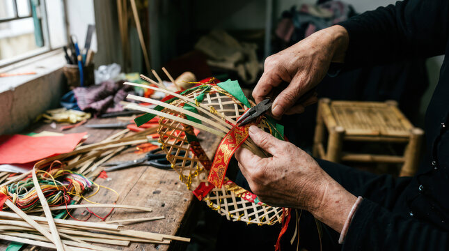 Hands weaving a basket with natural materials and colorful ribbons.