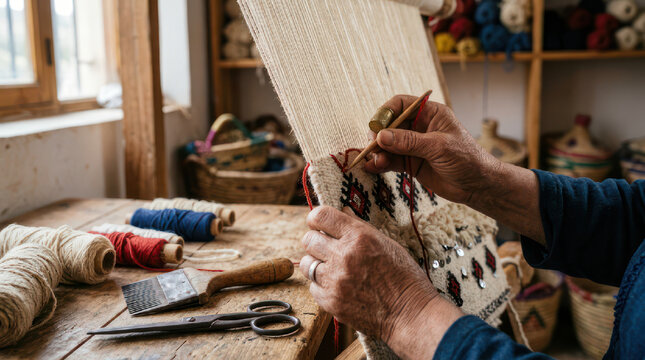 Hands weaving a colorful tapestry on a wooden loom with threads and tools.