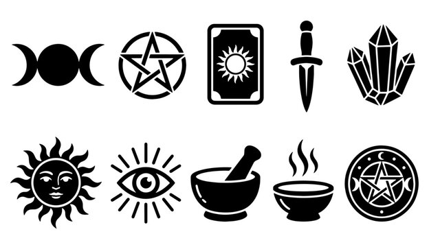 Mystical and pagan icons set featuring triple moon, pentagram, tarot card, ritual dagger, crystals, celestial sun, third eye, and mortar pestle vector illustration