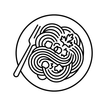 Spaghetti pasta on plate with fork, line