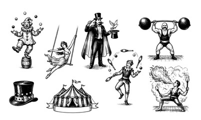 A vintage black and white illustration set featuring classic circus performers like a clown, magician, strongman, aerialist, juggler, and fire-breather, along with iconic symbols like a top hat. © arfin