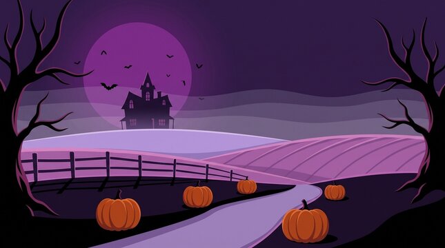 Spooky Purple Halloween Landscape with Pumpkin Patch, Haunted House, and Full Moon