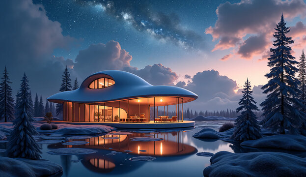 Futuristic dome house in snowy winter landscape illustration.