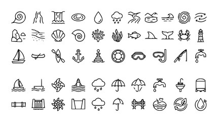 Fototapeta premium Mega Water and Marine Life Icon Set with Nautical Travel Weather Plumbings and Sea Animal Outline Symbols for Vector Design