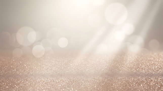 Warm Rose Gold Glitter Background with Elegant Bokeh Lights and Sunbeams