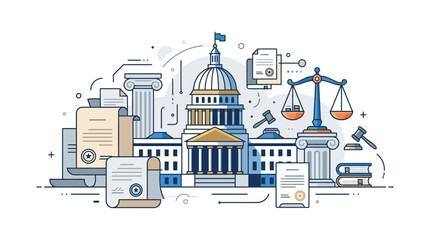 Fototapeta premium Detailed line art illustration of a capitol building surrounded by legal documents, scales of justice, and classical columns, representing law and government.