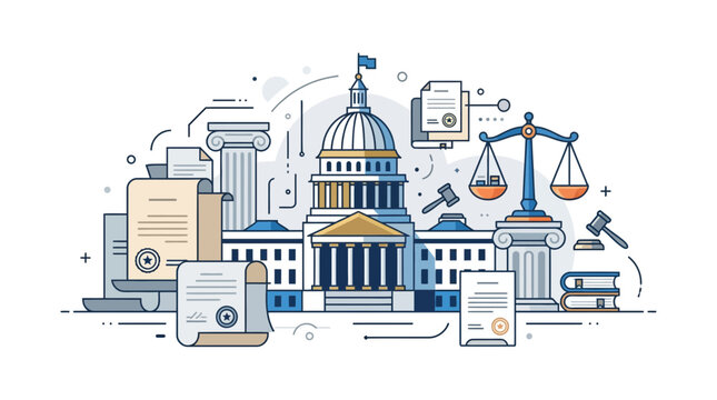 Detailed line art illustration of a capitol building surrounded by legal documents, scales of justice, and classical columns, representing law and government.
