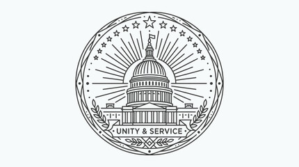 Naklejka premium Line art illustration of the US Capitol building with stars, sun rays, and a 'UNITY & SERVICE' banner, symbolizing government and national unity.