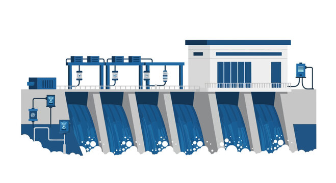 Hydroelectric Dam Illustration - Clean Renewable Energy Power Plant Vector