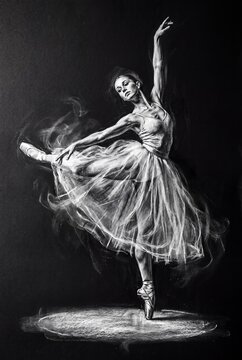 Expressive white chalk drawing on black paper of a graceful ballerina dancing en pointe