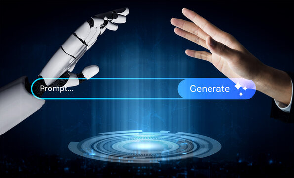 A captivating image showcasing the interaction between a human hand and a robotic arm, set against a futuristic digital interface representing advanced technology and artificial intelligence. Gantry