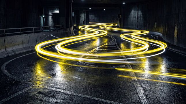 Futuristic Endurance Racing Car Speeding Through Dark Night Circuit Surrounded By Neon Green Long Exposure Light Trails Moving Fast