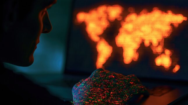 Hacker looking at a glowing digital map for global cybersecurity data technology