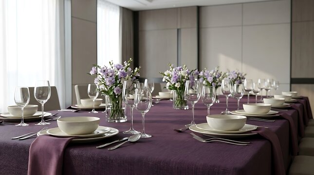 Elegant dining room interior featuring a luxury purple formal table setup for a grand event