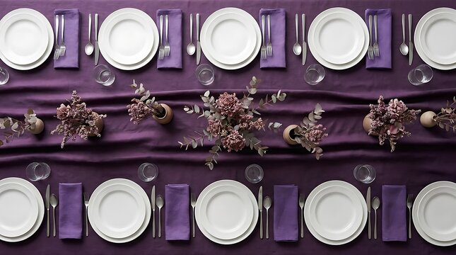 A top down view of a purple formal table setup with white plates and floral centerpieces