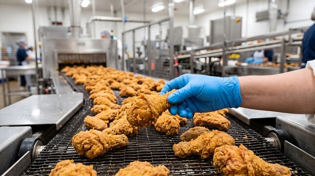Gloved hand holding fried chicken leg drumstick on food processing conveyor.