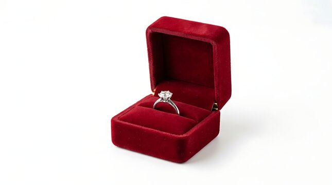 Open red velvet ring box isolated on white background