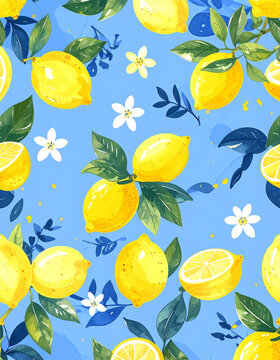 Elegant hand-drawn lemon pattern in bright yellow and Mediterranean blue, ripe lemons, delicate green leaves and subtle floral elements, watercolor-inspired digital texture, charming coastal summer