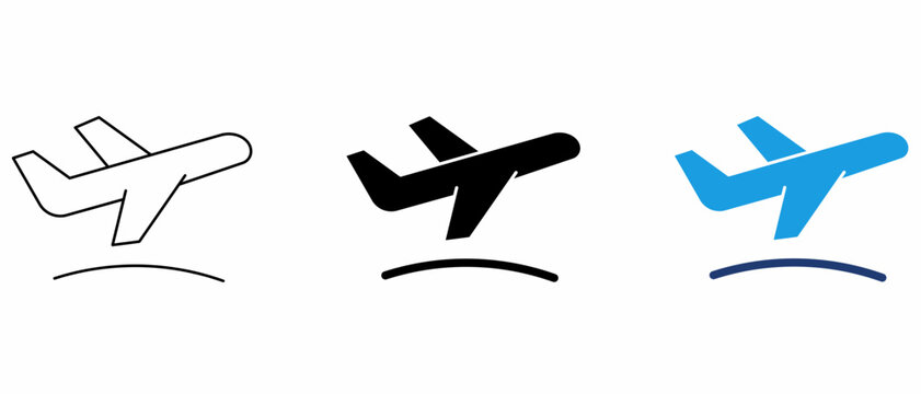 Airplane takeoff icon set in outline, solid, and duotone style. Symbol of flight departure, travel, aviation, transport, tourism, vacation, airport, trip, departure board, and global logistics.