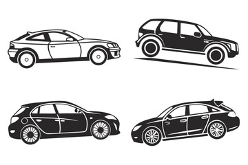 Fototapeta premium Four classic cars side view illustration in black and white
