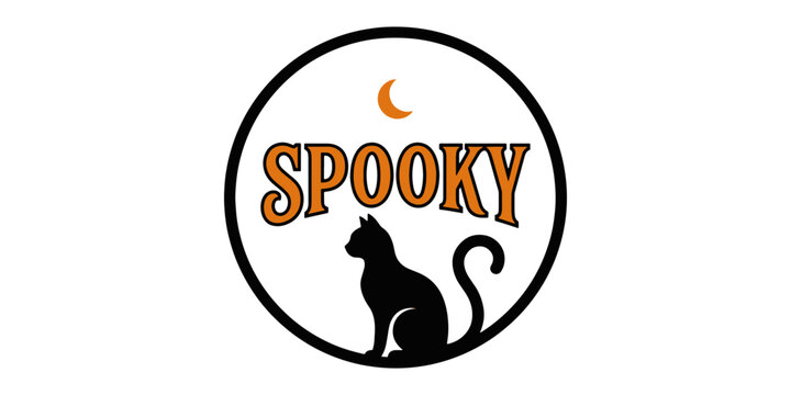 Spooky halloween silhouette of black cat and crescent moon