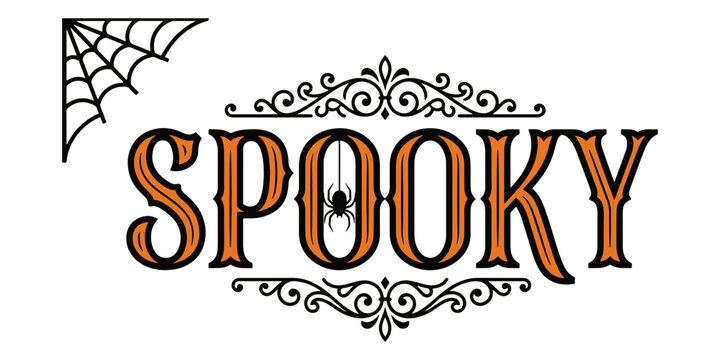 Spooky halloween text with ornate bat and spider web