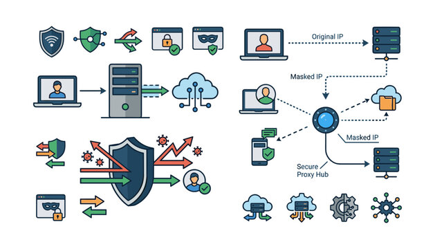Secure Proxy Hub and VPN Privacy Icon Set Featuring Masked IP Addresses, Anonymous Browsing, Encrypted Server Data Traffic, Network Shields, and Firewall Protection Systems