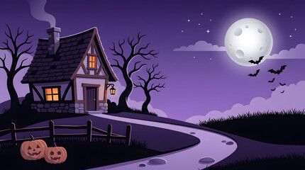 Fototapeta premium Spooky haunted house with glowing windows and pumpkins on a path under a full moon at night