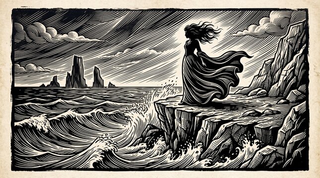 Vintage woodcut engraving of figure on cliff; dramatic monochrome illustration with ocean waves; retro style etching for book cover
