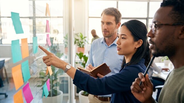 Professional business team analyzing colorful sticky notes on a glass wall during a collaborative meeting in a bright modern office