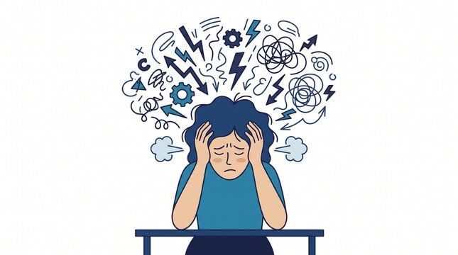 Overwhelmed Woman Holding Head with Stress Mind Chaos Icons Vector Illustration for Mental Health Fatigue Burnout Articles