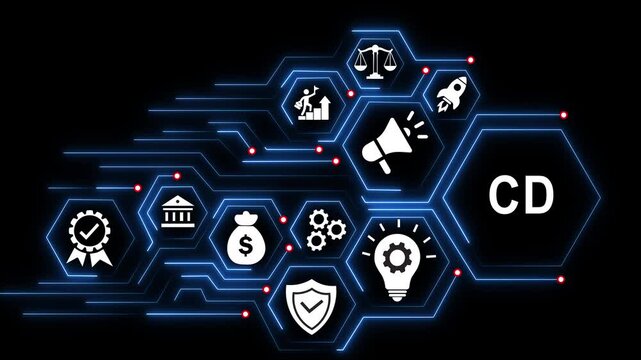Digital business strategy concept with glowing hexagonal network and cd text overlay technology