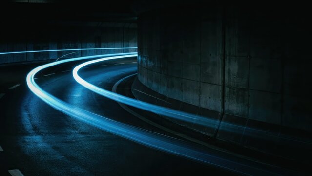 Long exposure light trails of vehicles moving through dark underground concrete tunnel.