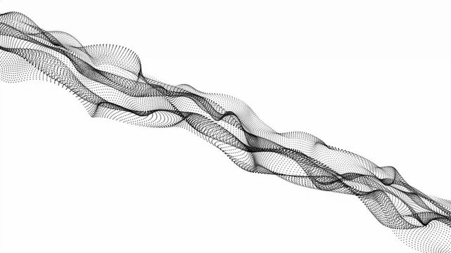 Abstract diagonal wave of dark particle dots flowing smoothly across clean white minimalist background digital graphic featuring