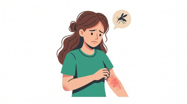 Sad Woman Scratching Itchy Red Mosquito Bite Rash Arm Vector Illustration for Skin Allergy Insect Bite Prevention Articles