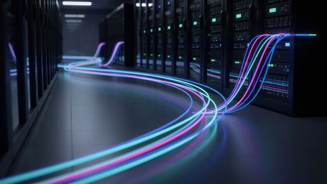 Colorful fiber optic light cables flowing through dark modern server room data center.