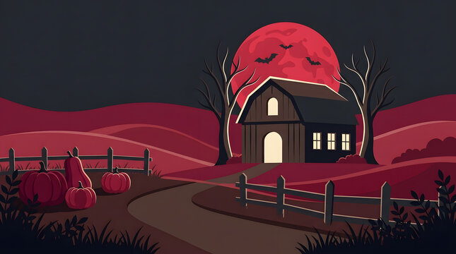 Pixel art landscape featuring a spooky house under a giant glowing red moon in a dark night