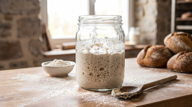 Active bubbly sourdough starter in a glass jar on a rustic wooden table with fresh bread loaves and flour