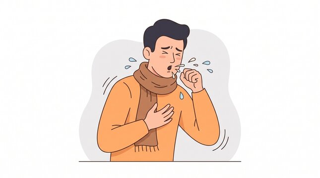 Sick Man Coughing and Holding Chest Wearing Warm Scarf Vector Illustration for Respiratory Infection Cold Virus Symptoms Medical Articles Health Infographics